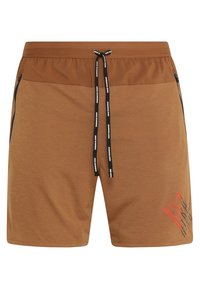 Shorts de sport marron avec taille élastique, cordon noir marqué « Nike Running », poches latérales zippées et motif rouge sur la partie inférieure de la jambe droite.