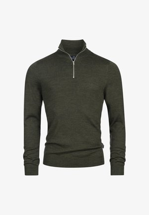 Sötétzöld, cipzáros nyakú, hosszú ujjú pulóver, puha anyagból készült. Textúrált felülettel és ezüst színű cipzárral a gallérnál rendelkezik.