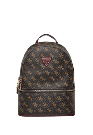Brauner Guess-Rucksack mit goldenem Muster, Frontreißverschlusstasche und Tragegriff oben, mit dem Guess-Logo auf der Vorderseite.