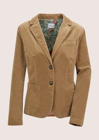 Hellbrauner, maßgeschneiderter Blazer mit zwei Knöpfen, aufgesetzten Fronttaschen und floral gemustertem Innenfutter.
