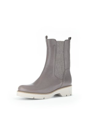 Gray leather ankle boot with elastic side panels, rounded toe, and a textured finish. Features a thick white rubber sole.