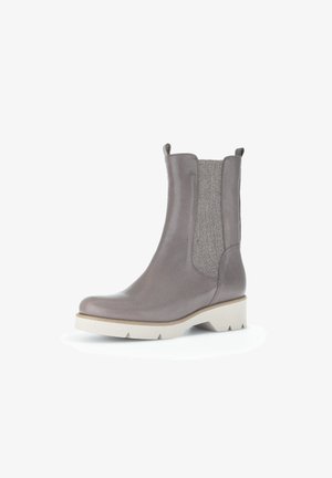 Graue Leder-Ankle Boots mit elastischen Seitenpaneelen, runder Zehenform und strukturiertem Finish. Sie verfügen über eine dicke, weiße Gummisohle.