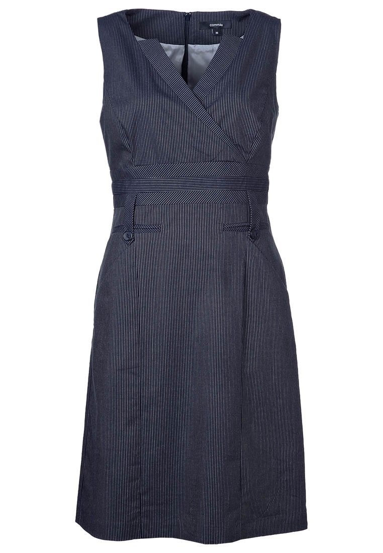 Laavnavy striped sleeveless dress with a v-neck, fitted waist, and decorative buttons. Textured fabric with horizontal and vertical stripes.