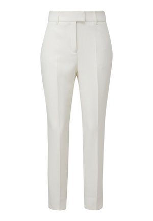 Weiße, maßgeschneiderte Hosen mit schmaler Passform, die mit vorderen Falten, einem Taillenbund und einer glatten Textur ausgestattet sind. Keine vorderen Taschen, klare Linien.