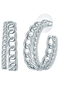 Silverfärgade kedjeörhängen med en distinkt, sammanlänkad design. Ytan har en polerad finish som framhäver de släta texturerna.