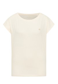 Helles beige Kurzarm-T-Shirt mit lockerer Passform, rundem Halsausschnitt und einem kleinen, dezenten gestickten Logo auf der Brust. Weiche Stofftextur.