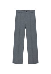 Pantalons gris ajustés en tissu texturé, avec une fermeture à un bouton et deux plis à l'avant. Design à jambes droites.