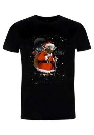 Czarny bawełniany t-shirt z grafiką Yody w czerwonym stroju świętego Mikołaja z workiem, otoczonego gwieździstym tłem oraz logo "Star Wars".
