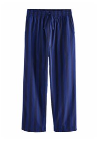 Blauwe en marine gestreepte pyjamabroek van lichtgewicht stof, met een elastische tailleband met een trekkoord en zijzakken.