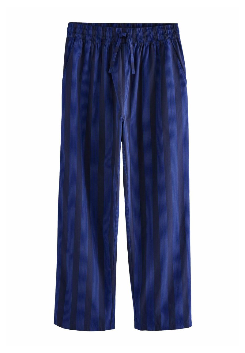 Blauwe en marine gestreepte pyjamabroek van lichtgewicht stof, met een elastische tailleband met een trekkoord en zijzakken.