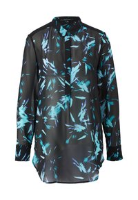Chemise noire transparente à manches longues avec un motif abstrait bleu vif et turquoise, dotée d'un col classique et d'une fermeture à boutons.