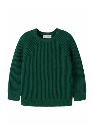 Pull vert foncé en maille avec col rond, manches longues et motif côtelé, conçu pour enfants, posé à plat sur fond blanc.