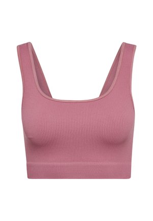 Geribbelde, zachte roze bralette met brede bandjes en een naadloos ontwerp. Heeft een aansluitende vorm en een rekbare, comfortabele stof.