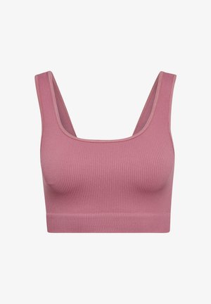 Geribbelde, zachte roze bralette met brede bandjes en een naadloos ontwerp. Heeft een aansluitende vorm en een rekbare, comfortabele stof.