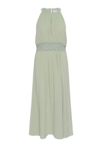 Mint green sleeveless dress with a halter neckline, gathered fabric, and a lace accent at the waist, featuring a back closure detail.