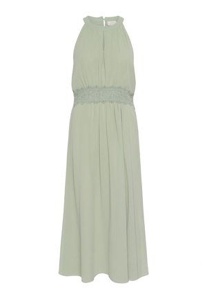 Mintgrünes ärmelloses Kleid mit Halspartie, gerafftem Stoff und einer Spitze am Bund, das mit einem Rückenverschluss versehen ist.