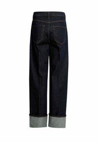 Jeans in denim scuro con vestibilità a gamba dritta, caratterizzati da un orlo risvoltato e due tasche posteriori. La cucitura è di un colore contrastante.