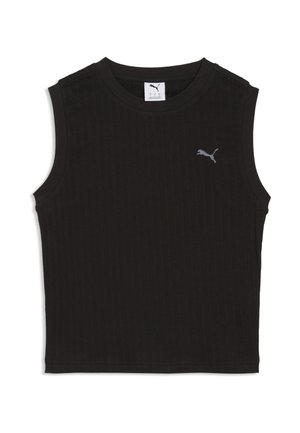 Czarny, bezrękawnik z prążkowanego materiału, krótki top z okrągłym dekoltem i małym szarym logo Puma po lewej stronie klatki piersiowej.