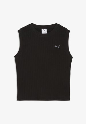 Czarny, bezrękawnik z prążkowanego materiału, krótki top z okrągłym dekoltem i małym szarym logo Puma po lewej stronie klatki piersiowej.