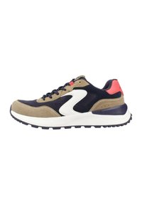 Chaussures de sport en suède beige, maille bleu marine et accents blancs. Présentent un panneau texturé, un design à lacets et une épaisse semelle en caoutchouc.