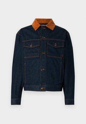 Dark blue denim jacket with a brown corduroy collar, featuring button closures, two chest pockets, and contrast stitching.