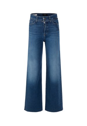 Wide-leg denim jeans in medium-wash blue. Features a high waist, front pockets, and raw hem detailing. Made of durable cotton material.