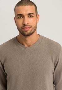 V-hals trui in een zachte, middelgrijze brei. Kenmerkt zich door een relaxte pasvorm en een gladde textuur zonder patronen of accenten.
