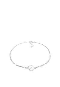 Silverfärgad kedjebracelet med en central design av en klöver med fyra hjärtan. Kedjan är delikat och har justerbara längdalternativ.