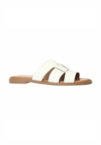 White slide sandals with three textured straps in a crocodile pattern, brown sole, and a flat design. Smooth finish accentuates simplicity.