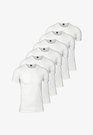 Six white short-sleeve t-shirts displayed in a row. Each shirt features a round neckline and a smooth, plain fabric texture.