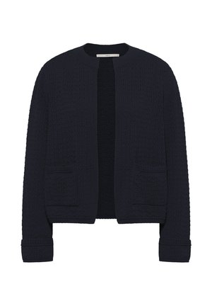 Dunkel marineblauer, gestrickter Cardigan mit langen Ärmeln, offenem Vorderteil, rundem Halsausschnitt und zwei aufgesetzten Taschen vorne.