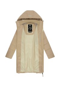 Beige pufferjacka med huva, med ett slätt innerfoder, ribbade muddar och en fram zippered. Inkluderar en etikett med text och grafik.