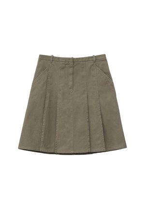 Rok tot op de knie in olijfgroen met plooien, riemlussen en schuine voorzakken, gemaakt van een gestructureerde stof.