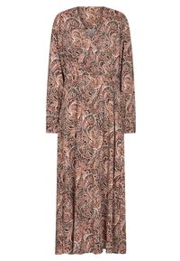 Robe longue à manches longues, au motif paisley, présentant des nuances de rose, de noir et de crème. Fabriquée en tissu doux et texturé.