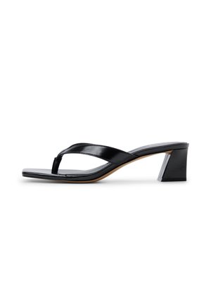 Black patent leather heeled sandal with toe thong strap and block heel, shown in side profile on white background.