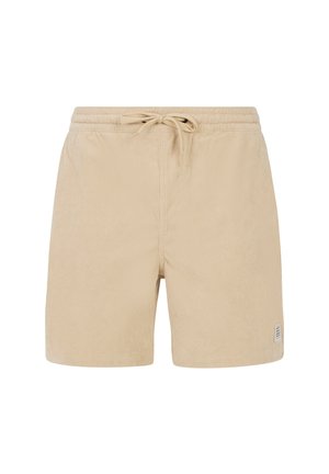 Shorts di velluto a coste beige con vita elasticizzata e cordoncino. Presentano tasche laterali e una piccola etichetta logo sull'orlo inferiore.