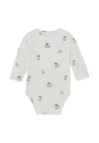 Långärmad babybodysuit i mjuk vit bomull med ett spritt mönster av gula päron och gröna blad. Har en rundad hals och tryckknappar.