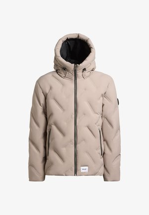 Beige gepolsterte Jacke mit hohem Kragen, Reißverschlussfront und schwarzen Akzenten. Verfügt über ein diagonales Steppmuster und seitliche Taschen.