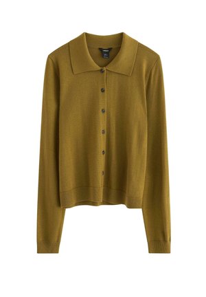 Cardigan giallo senape con un ampio colletto, chiusura frontale con bottoni, maniche lunghe e orlo a costine. Realizzato in un morbido materiale a maglia.