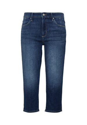 Jean en denim bleu foncé avec une coupe droite, taille mi-haute, et ourlet se terminant juste en dessous du genou. Caractérisé par un design classique à cinq poches.