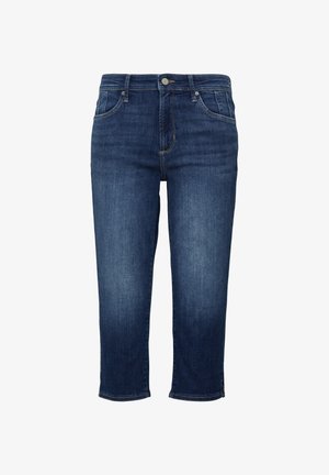 Dunkelblaue Denim-Jeans mit geradem Schnitt, mittlerer Taille und Saum, der knapp unter dem Knie endet. Verfügt über ein klassisches Fünf-Taschen-Design.