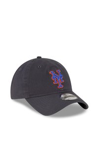 Dark grey baseball cap with a blue and orange embroidered NY logo, curved brim, and an adjustable strap on the back.