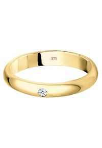Guldring med en glat, poleret overflade og en enkelt, rund diamantaccent. Indgraveret med "375" på den indre ring.