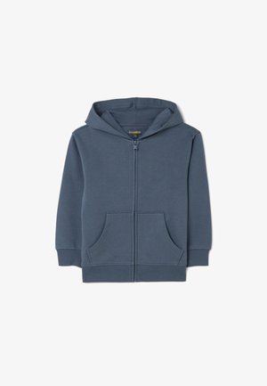 Marineblauwe zip-up hoodie van een zachte, gestructureerde stof met twee voorzakken en ribgebreide manchetten. Bevat een ruime capuchon en heeft geen opvallende patronen.