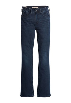 Dunkelblaue Jeans aus Denim mit geradem Bein, ausgestattet mit einem klassischen Fünf-Taschen-Design und einer leicht verwaschenen Textur.