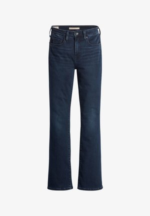 Jeans en denim bleu foncé avec une coupe droite, présentant un design classique à cinq poches et une texture légèrement décolorée.