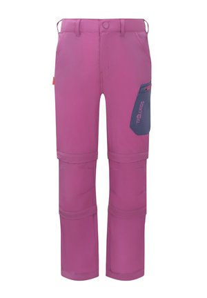 Children's purple convertible pants with a blue zippered thigh pocket and belt loops, designed for outdoor activities.