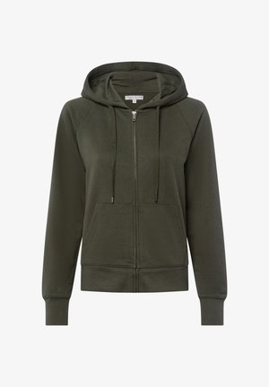 Ciemnozielona bluza z zamkiem błyskawicznym, z kieszenią na przodzie, kapturem ze sznurkiem, ściągaczami przy mankietach oraz gładką, miękką teksturą. Posiada rękawy raglanowe.