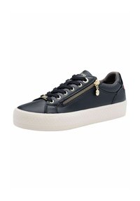 Marine leren sneakers met witte rubberen zool, vetersluiting, zijrits, goudkleurig beslag en textuuraccenten op het bovenwerk.