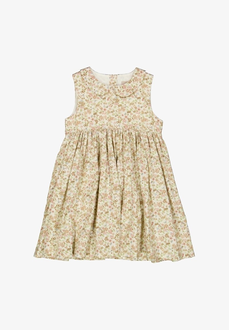 Ärmelloses Kleid aus cremefarbenem Stoff mit Blumenmuster, das einen gerafften Rock, einen runden Kragen und zarte Blumenmustermerkmale aufweist.